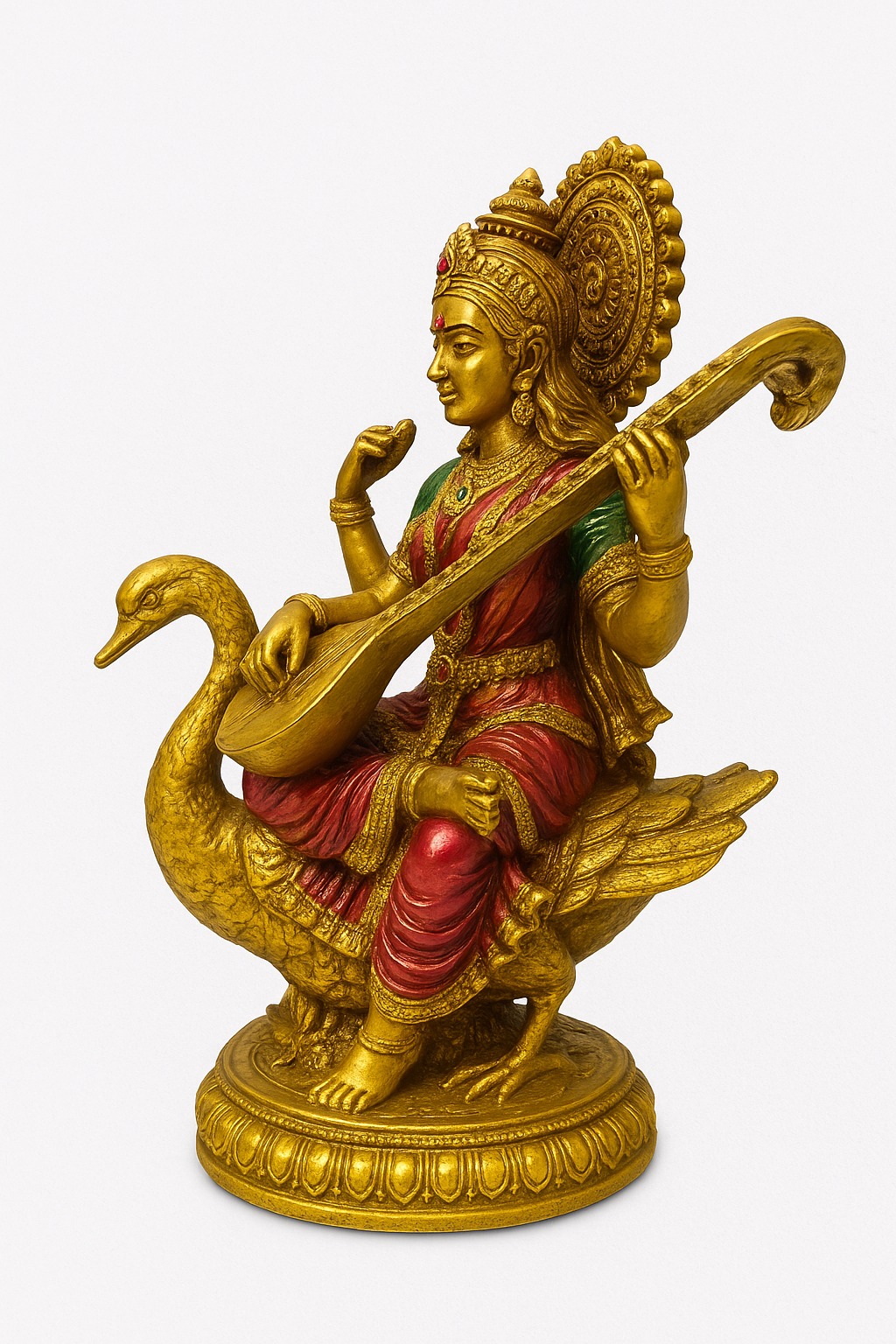 DEHATIBAZAR | Saraswati Statue with Swan | Brass Hindu Goddess Figurine | Gold and Red | Traditional Indian Decor