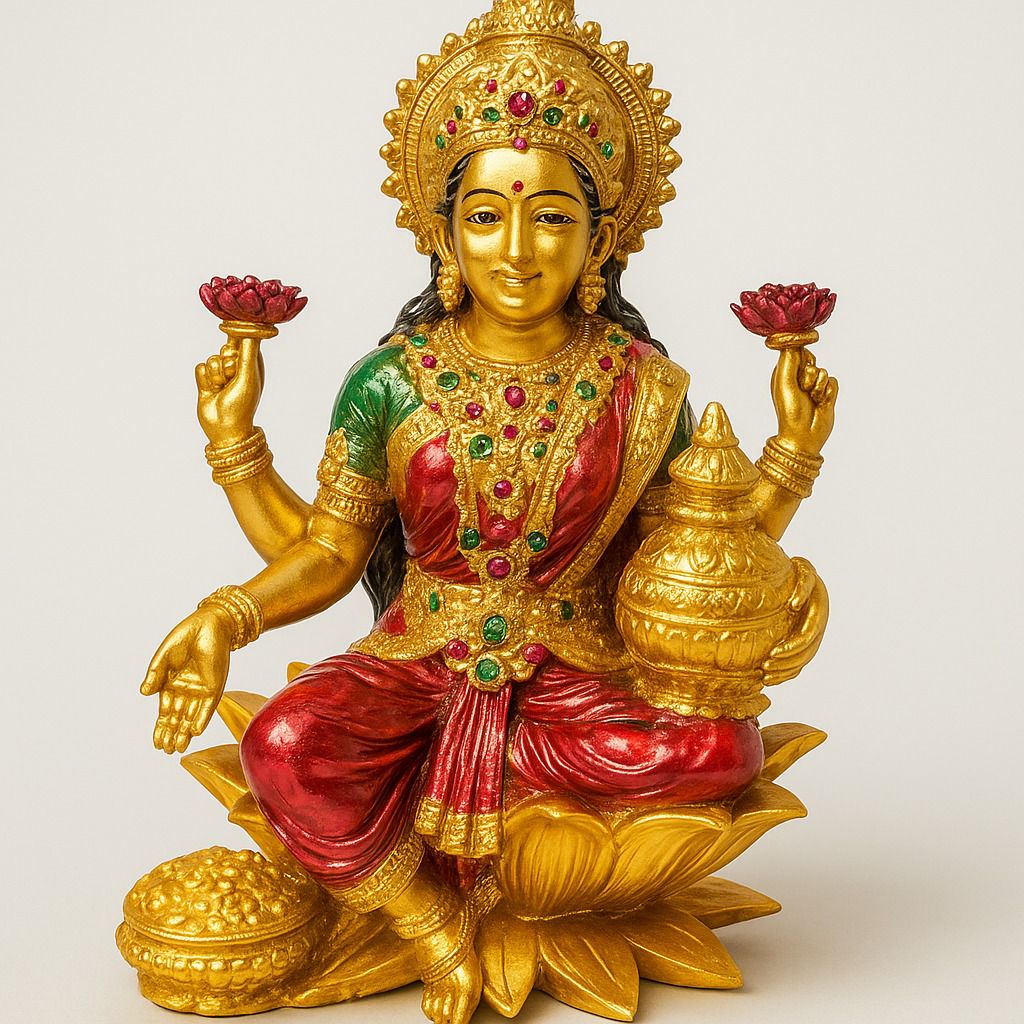DEHATIBAZAR | Decorative Lakshmi Statue | Hindu Goddess Idol | Gold and Red with Gemstones | Lotus Throne | Traditional Temple Decor