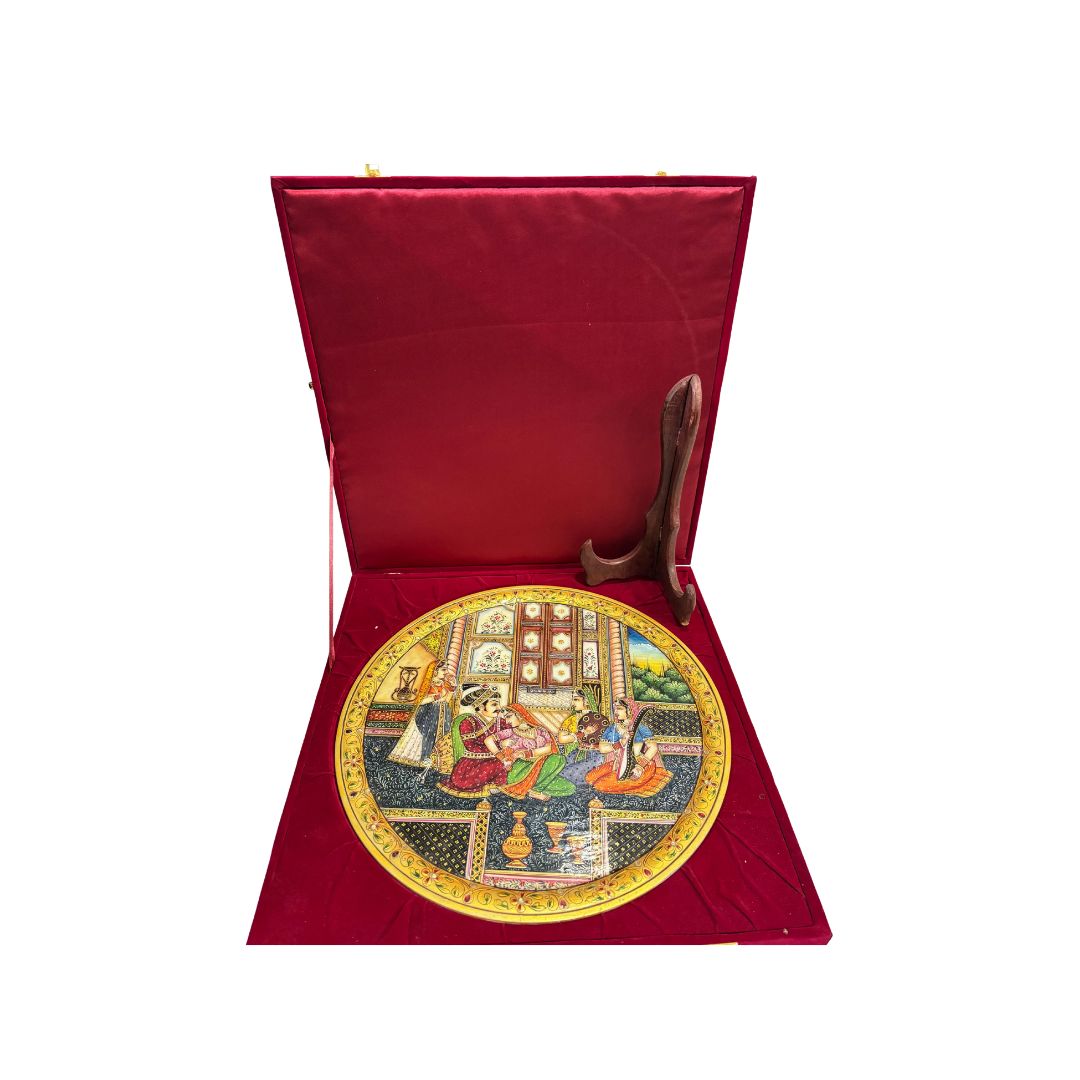 DEHATIBAZAR | Mughal Harem Scene on 15 Inch Marble Plate with wooden stand | Hand-Painted Traditional Indian Art | Decorative Piece | Perfect for Home, Office & Gifting