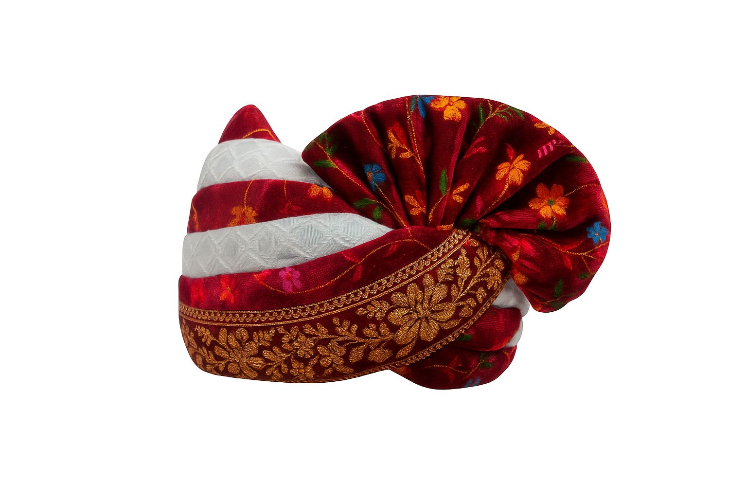 DEHATIBAZAR | Traditional Velvet Safa with Tail | Turban with Floral Embroidery and Bow | Red and White Striped, Gold Border
