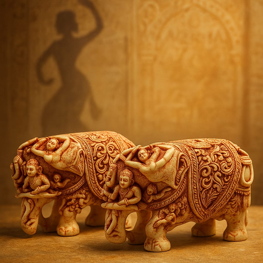 DEHATIBAZAR | Handcrafted Decorative Elephant  Pair 4.5 inch | Antique-Style Resin Sculpture with Intricate Carved Details | Traditional Indian Art Home Decor