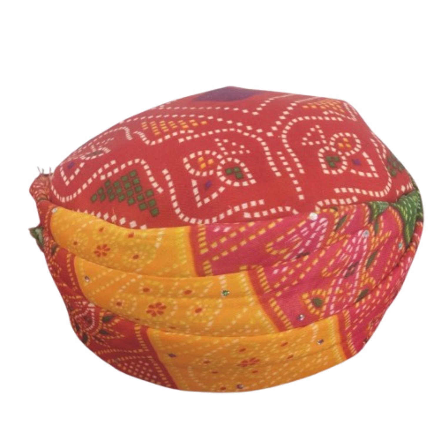 Traditional Indian Pagdi Headwear, Multicoloured Bandhani Print, Red and Green