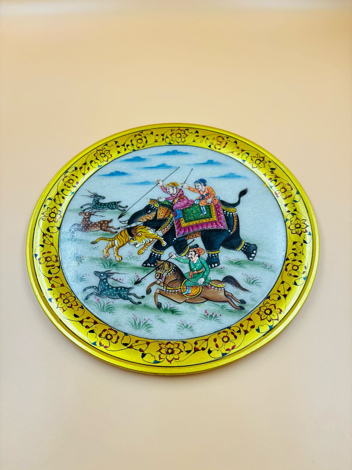 DEHATIBAZAR  | Handpainted Marble 9 inch Plate with Hunting Scene |  Gold Floral Border | Traditional Indian Art | Wooden Stand  Box