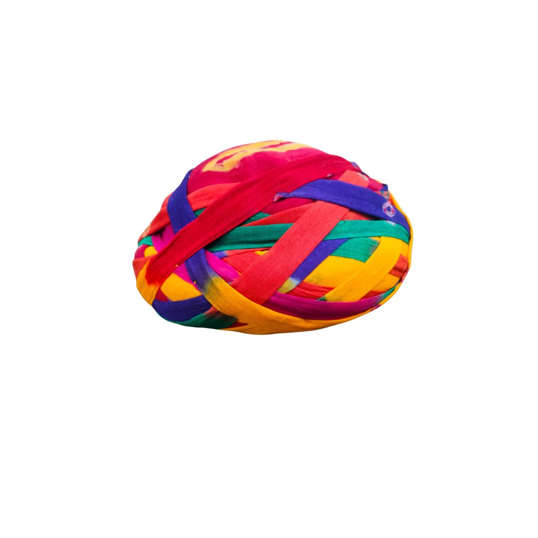 DEHATIBAZAR | Multicoloured Traditional Turban | Tipu Pagdi | Woven Cotton Fabric | Red Yellow Purple Green Pattern