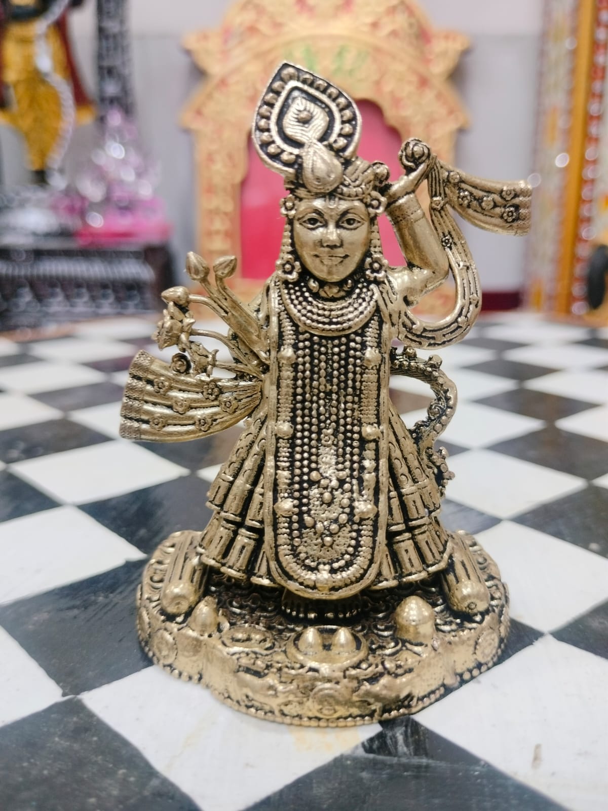 DEHATIBAZAR | Jaipuri Handicraft Traditional Brass Srinath ji 5 inch Decorative Religious Statue | Antique Gold Finish
