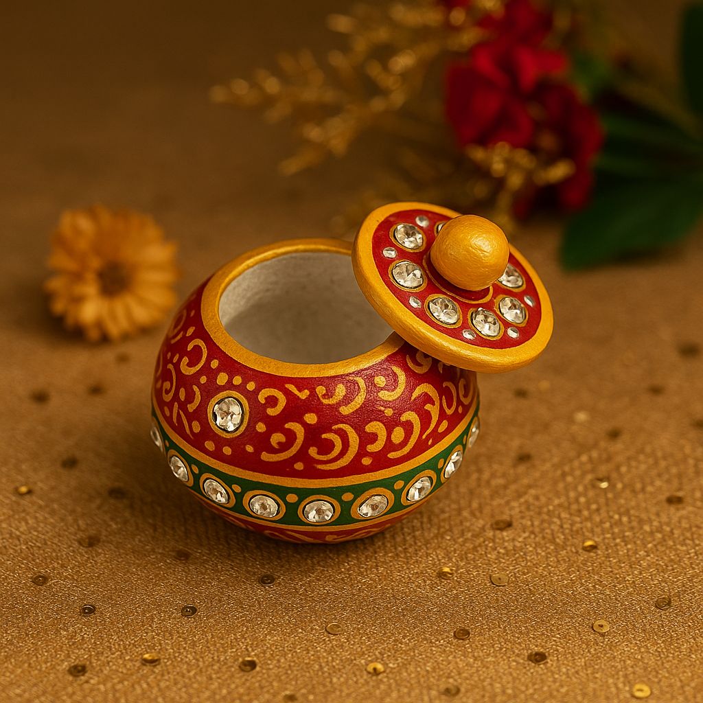DEHATIBAZAR | Marble Sindoor Dani 2 inch with Lid | Red and Gold Traditional Design | Hand-Painted Round Storage Container | Kukum Dabbi