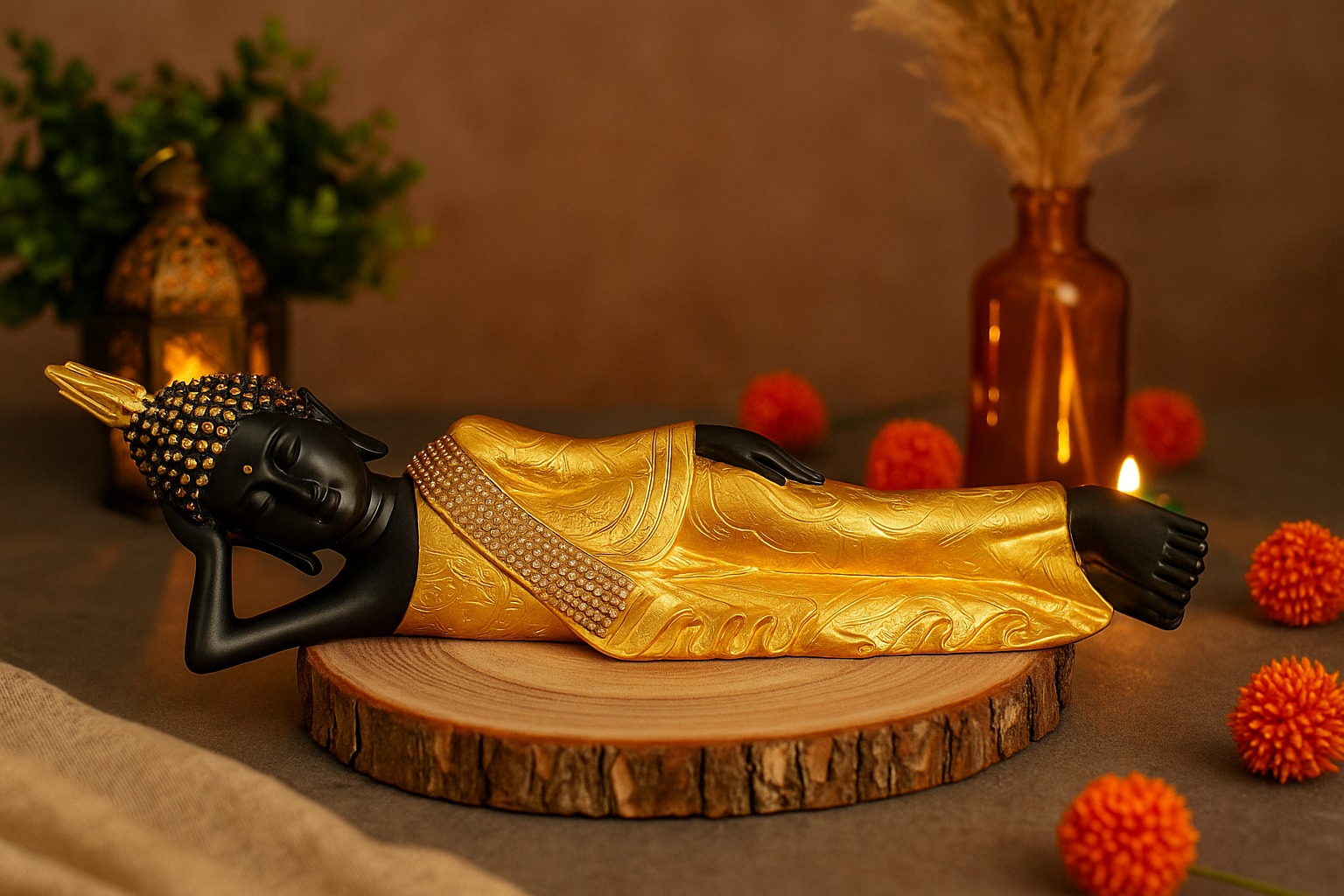 DEHATIBAZAR | Reclining Buddha Statue | Black and Gold | Decorative Figurine with Pearl Embellishments