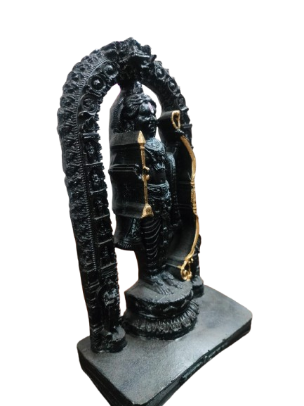 Ram Chandra Religious Statue with Bow and Arrow, Black Resin Decorative Figurine with Arch Frame
