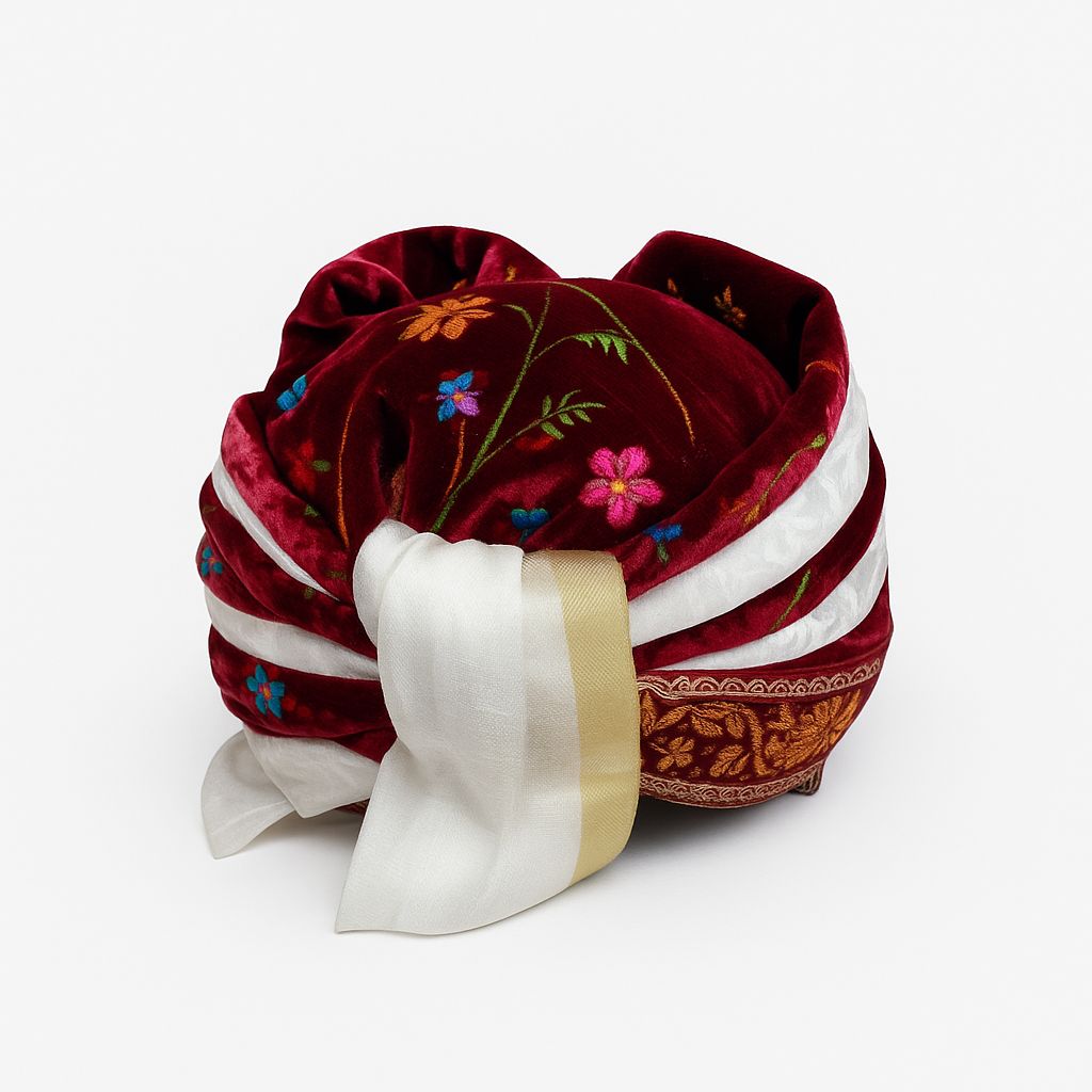 DEHATIBAZAR | Traditional Velvet Safa with Tail | Turban with Floral Embroidery and Bow | Red and White Striped, Gold Border