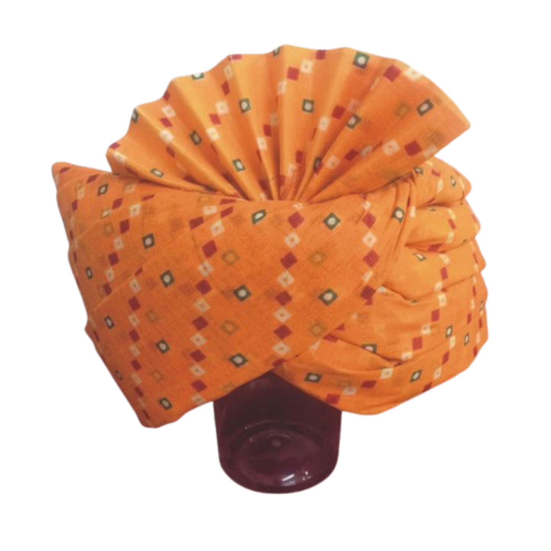 Traditional Bandhani Print Turban, Orange Cotton Headwrap with Square Pattern, Wedding Pagri