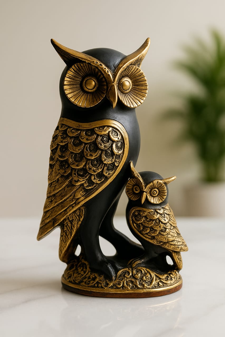DEHATIBAZAR | Decorative Owl Figurine 12 inch | Black and Gold Resin Sculpture | Vintage Style Home Décor | Mother and Baby Design