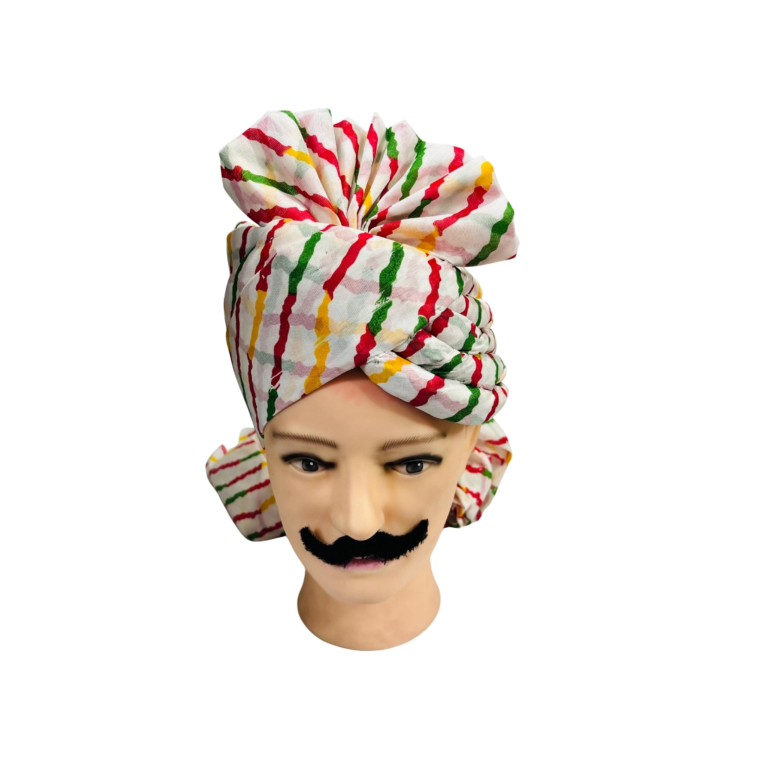 Festive Turban, Traditional Safa Pagdi, White with Red, Green, Yellow Stripes