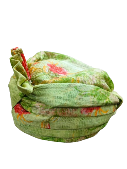 Traditional Indian Safa, Floral Print, Light Green with Red Flowers Turban