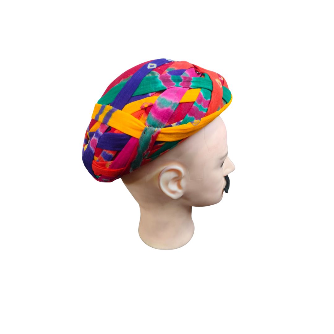 DEHATIBAZAR | Multicoloured Traditional Turban | Tipu Pagdi | Woven Cotton Fabric | Red Yellow Purple Green Pattern