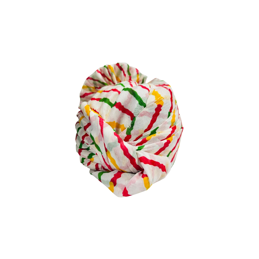 Festive Turban, Traditional Safa Pagdi, White with Red, Green, Yellow Stripes