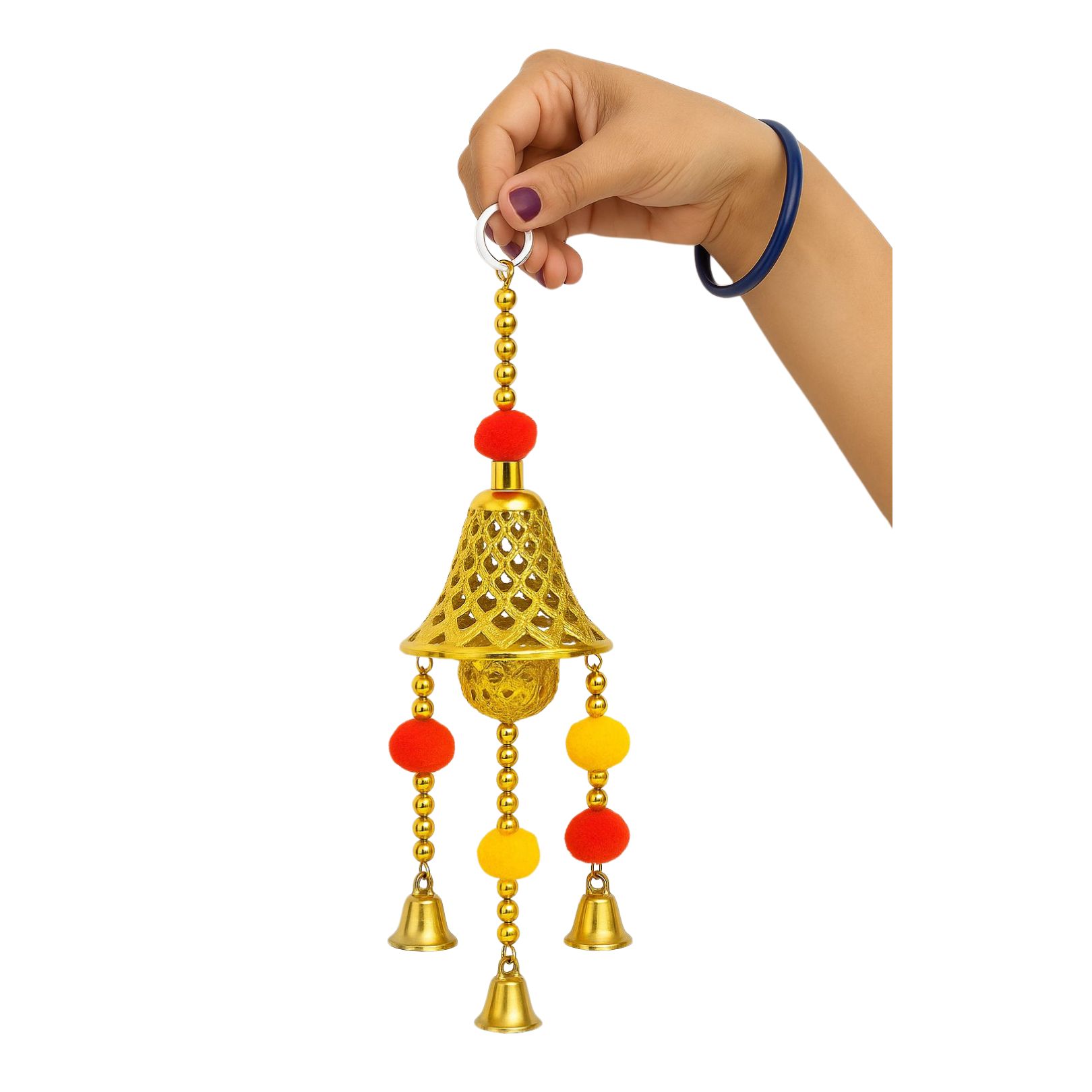 DEHATIBAZAR | Decorative Wind Chime Bell with Gold-Toned Lattice Design, Red and Yellow Pom Poms, Traditional Hanging Bells