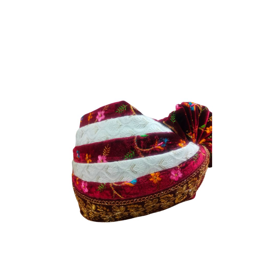 DEHATIBAZAR | Traditional Velvet Safa with Tail | Turban with Floral Embroidery and Bow | Red and White Striped, Gold Border