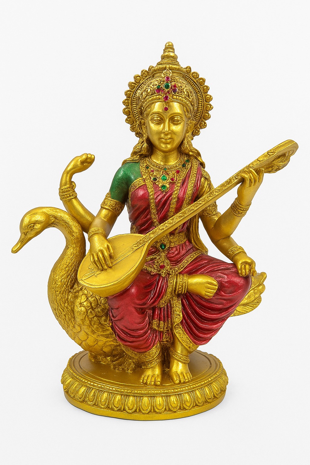 DEHATIBAZAR | Saraswati Statue with Swan | Brass Hindu Goddess Figurine | Gold and Red | Traditional Indian Decor