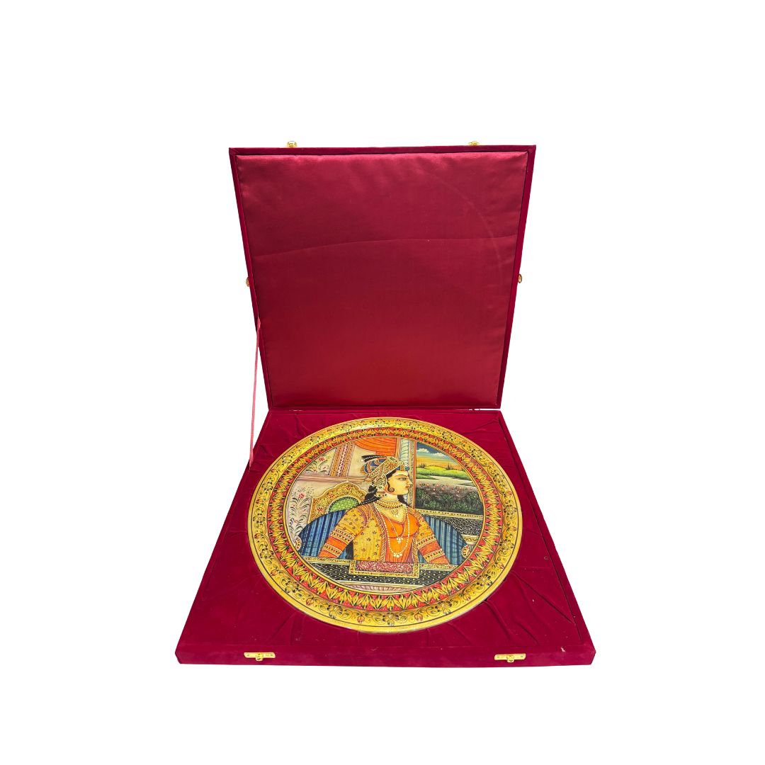 DEHATIBAZAR | Mughal Princess Art Work on 15 inch Marble Plate with wooden stand - Velvet box | hand-Painted Traditional Indian Art | Elegant Decorative Piece for Home | Gifting Intricate Detailing&Timeless Design