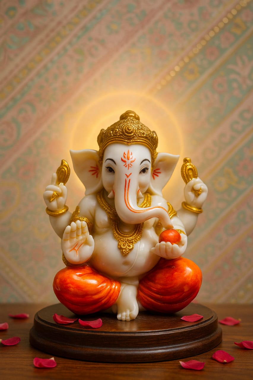 DEHATIBAZAR | Decorative Resin Lord Ganesha Statue 6 inch | White and Gold, Traditional Hindu Chaturbhuj Design with Orange Accents | Religious Home Decor