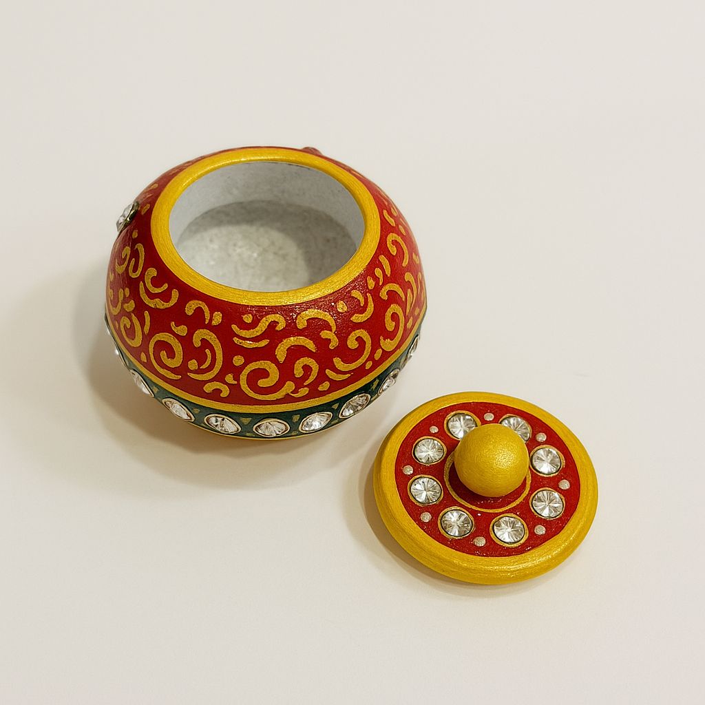 DEHATIBAZAR | Marble Sindoor Dani 2 inch with Lid | Red and Gold Traditional Design | Hand-Painted Round Storage Container | Kukum Dabbi