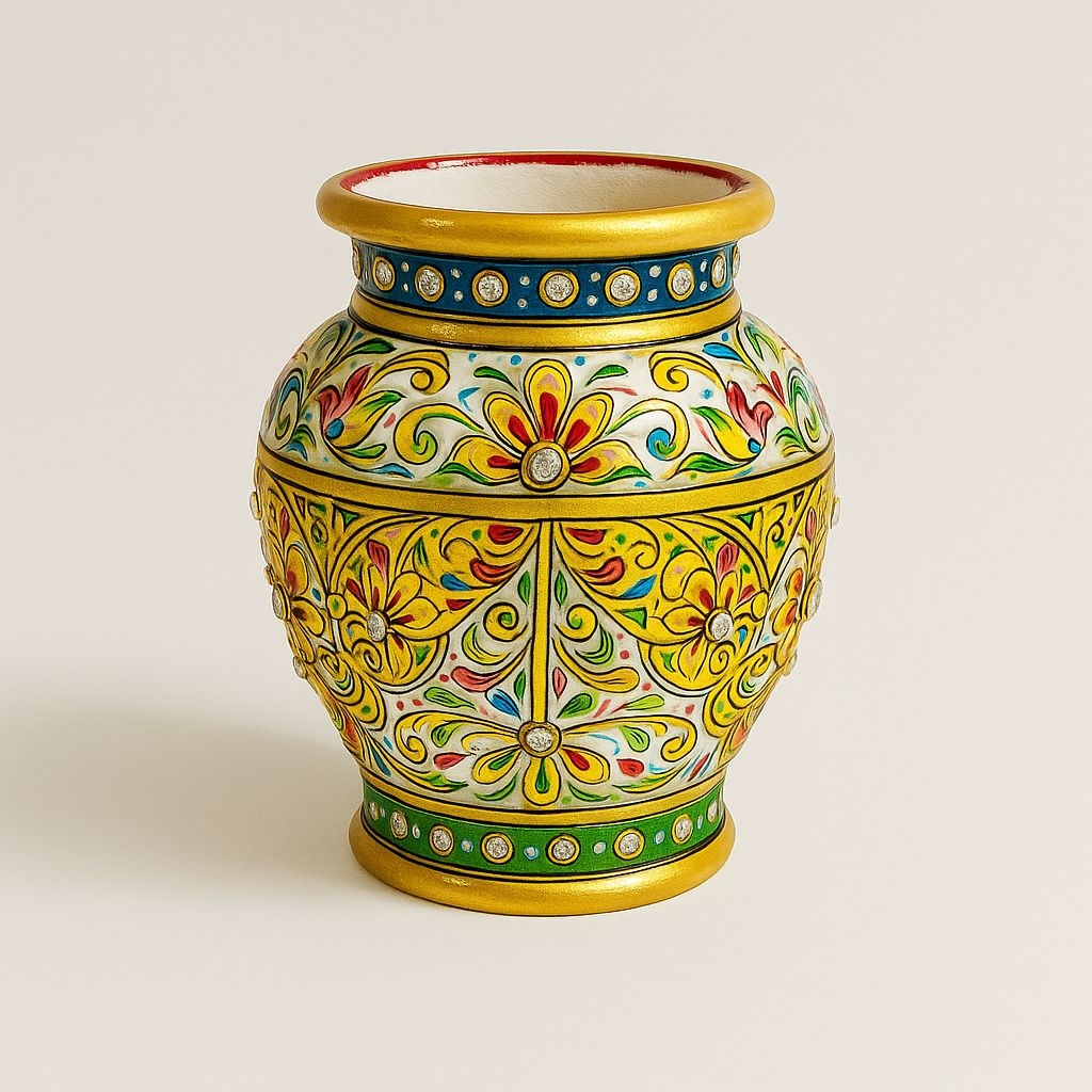 DEHATIBAZAR | Handcrafted Decorative Flower Vase | Gold and Yellow Floral Design | Traditional Indian Style Lota, 13 mm