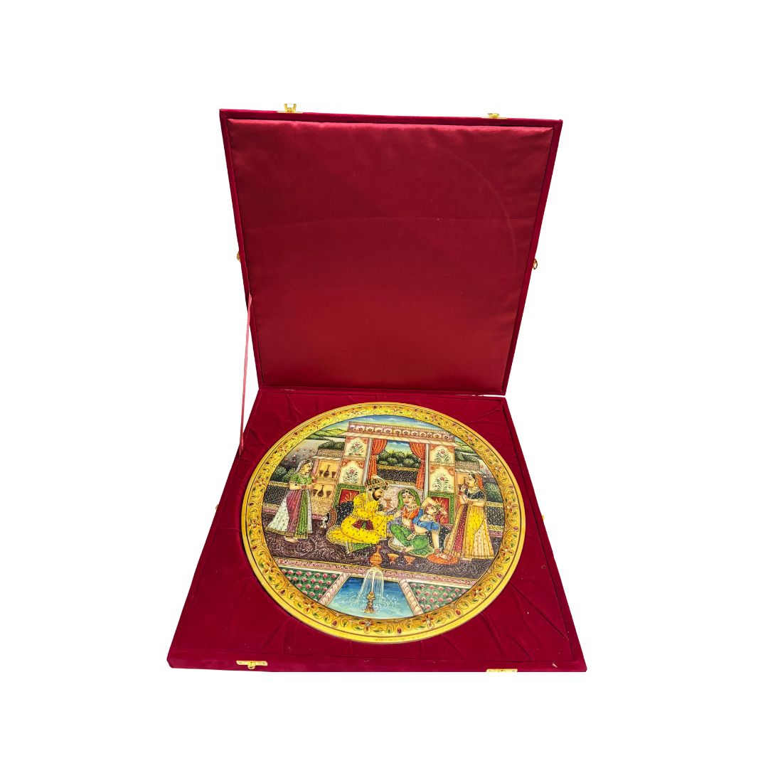 DEHATIBAZAR | Beautiful And Attractive Mughal Harem Miniature Painting On 15 inch Marble Plate With Stand | Exquisite Hand-painted Traditional Indian Artwork | Elegant Decorative Piece For Home, Office & Gifting