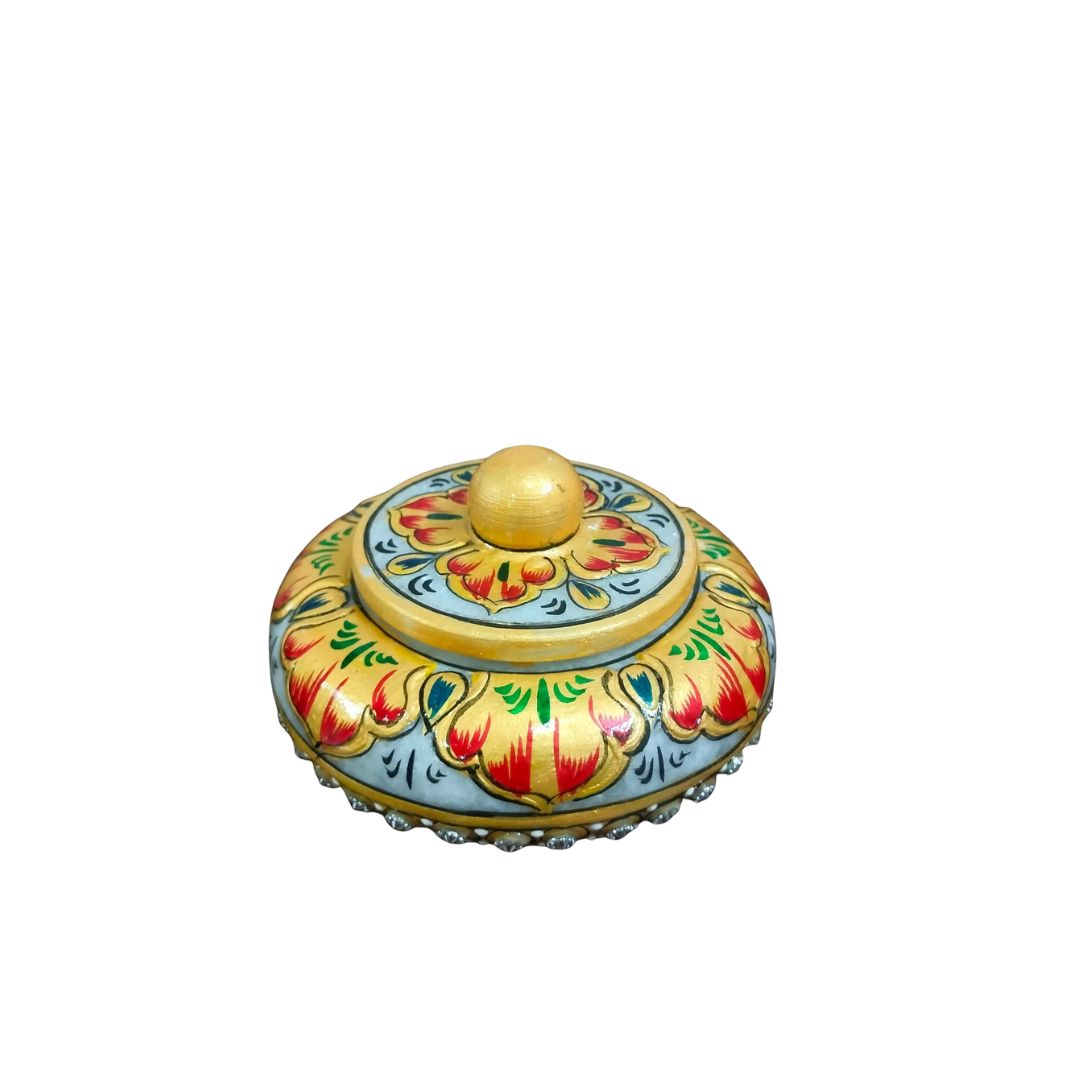 DEHATIBAZAR | Decorative Marble Sindoor Dani with Crystal Accents | Yellow Floral Design, 3 inch