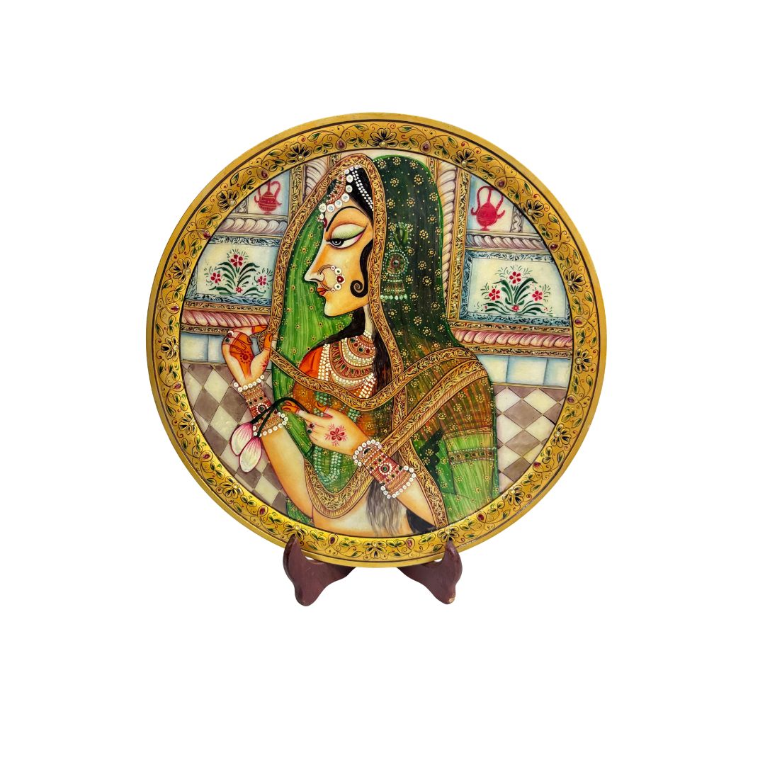 DEHATIBAZAR | Elegant Bani Thani Painting on Real 15 inch Marble Plate | Traditional Rajasthani Art | Hand-Painted | Decorative Artwork for Home,  Office, and Gifting