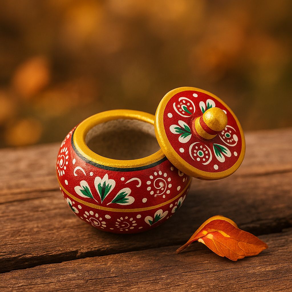 DEHATIBAZAR | Hand-Painted Marble Sindoor Dani | Round Red with Gold Trim | Traditional Floral Design | Decorative 2 inch Storage Container with Lid | Kukum Dabbi