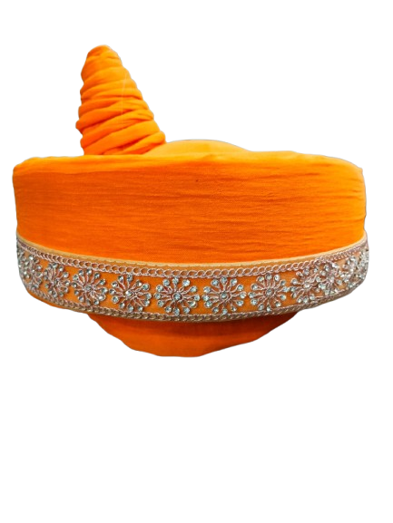 Traditional Bajeerao Pagdi, Orange Velvet with Silver Border, Wedding Turban