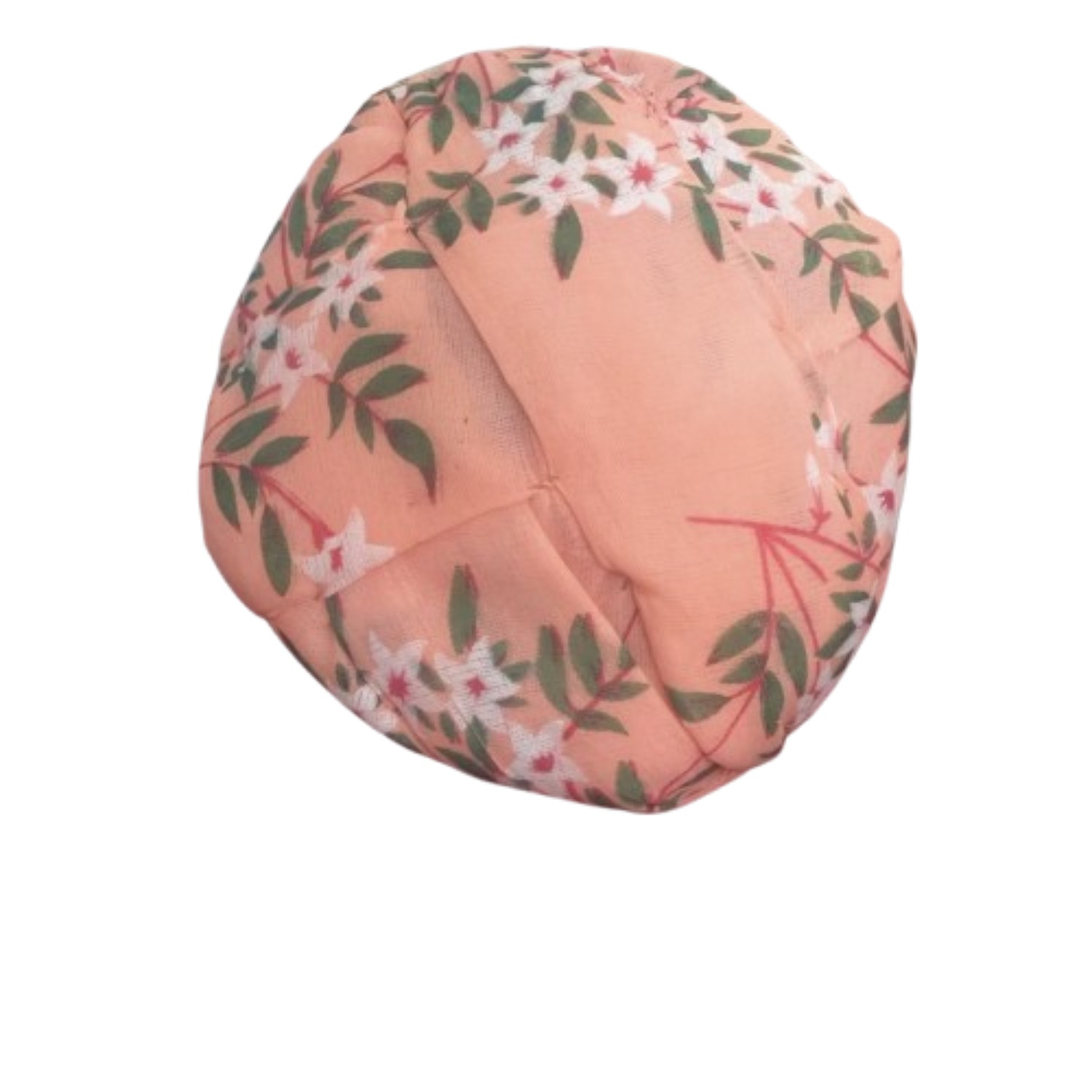 Round Decorative Pagri, Peach Floral Print, Green Leaf Pattern