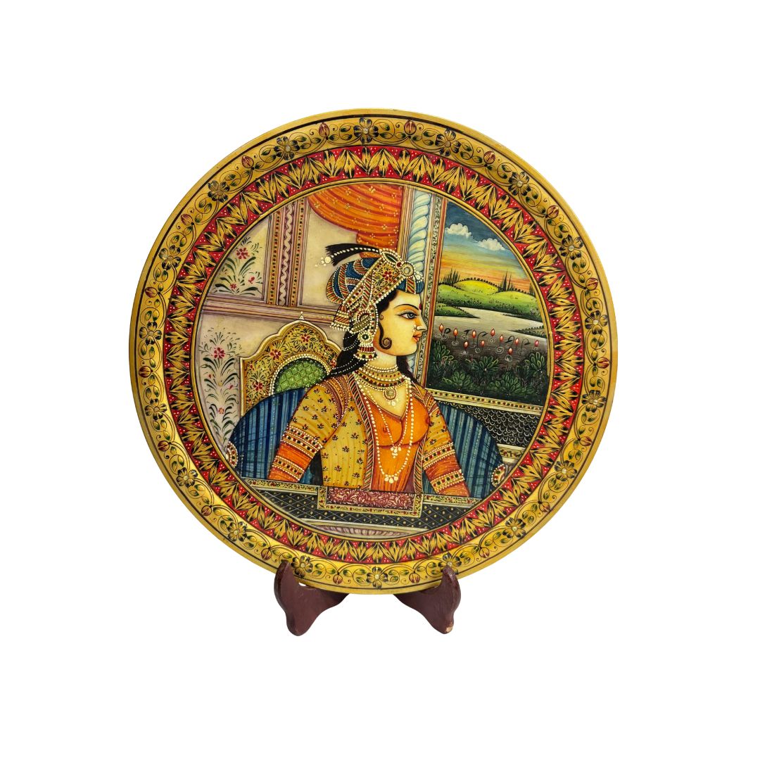DEHATIBAZAR | Mughal Princess Art Work on 15 inch Marble Plate with wooden stand - Velvet box | hand-Painted Traditional Indian Art | Elegant Decorative Piece for Home | Gifting Intricate Detailing&Timeless Design