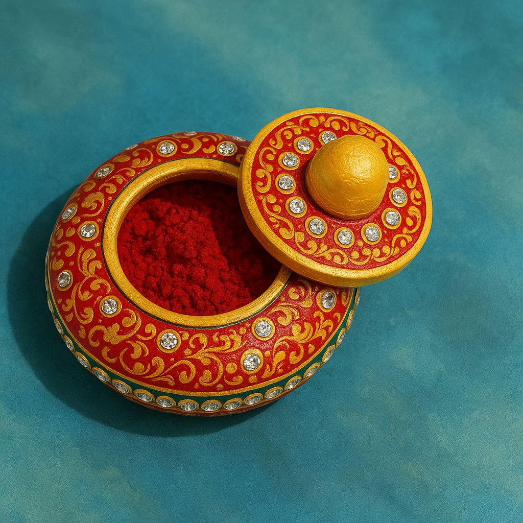 DEHATIBAZAR | Decorative Marble Sindoor Dani with Crystal Embellishments | Red and Gold  Traditional Design, 3 inch