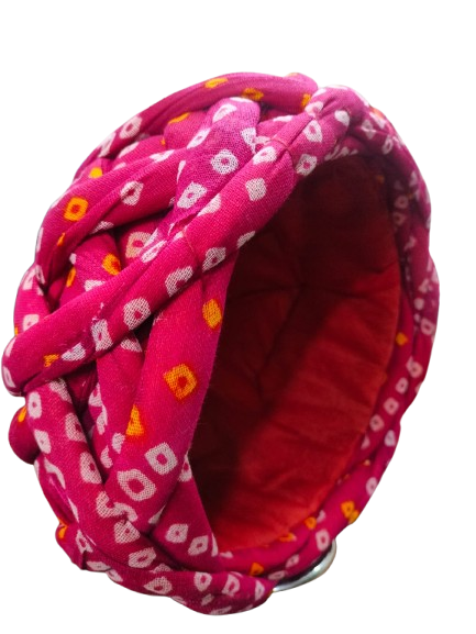 Rajasthani Floral Print Knotted Pagdi, Red Cotton Turban, Geometric Pattern