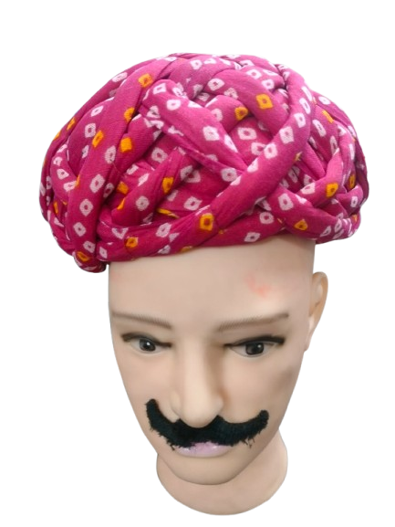 Rajasthani Floral Print Knotted Pagdi, Red Cotton Turban, Geometric Pattern