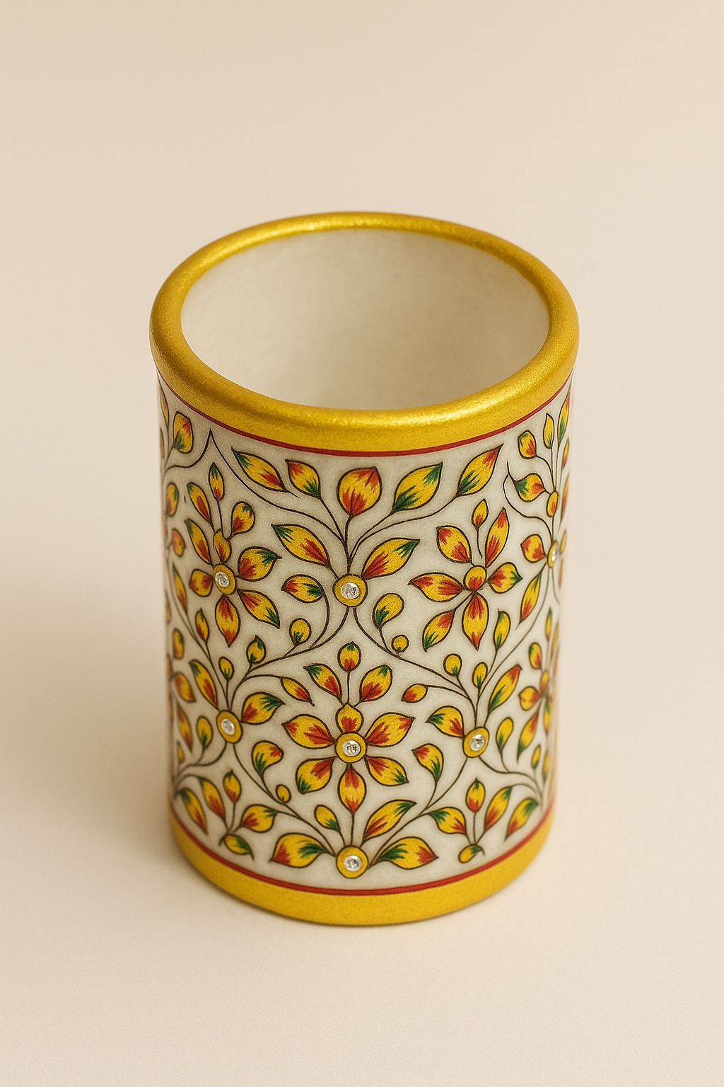 DEHATIBAZAR | Decorative Marble Pen Holder 10 cm | White with Gold Trim | Hand-Painted Floral Design | Crystal Accents