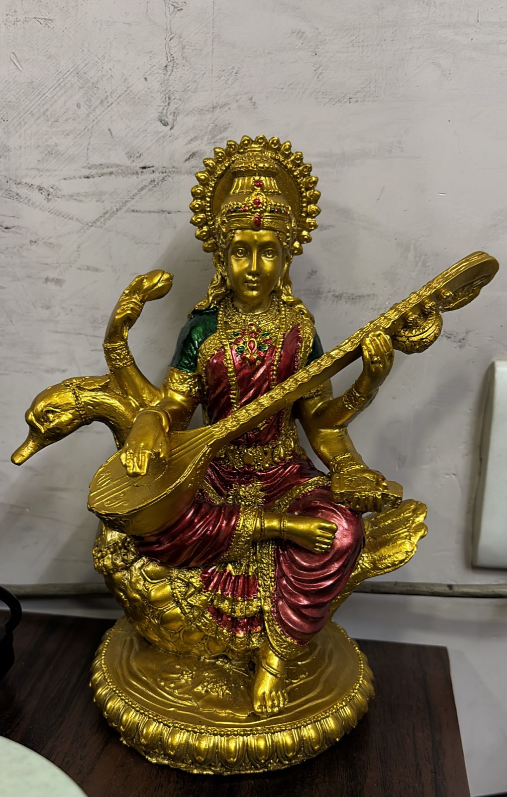 DEHATIBAZAR | Saraswati Statue with Swan | Brass Hindu Goddess Figurine | Gold and Red | Traditional Indian Decor