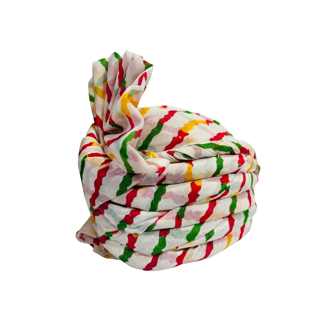 Festive Turban, Traditional Safa Pagdi, White with Red, Green, Yellow Stripes