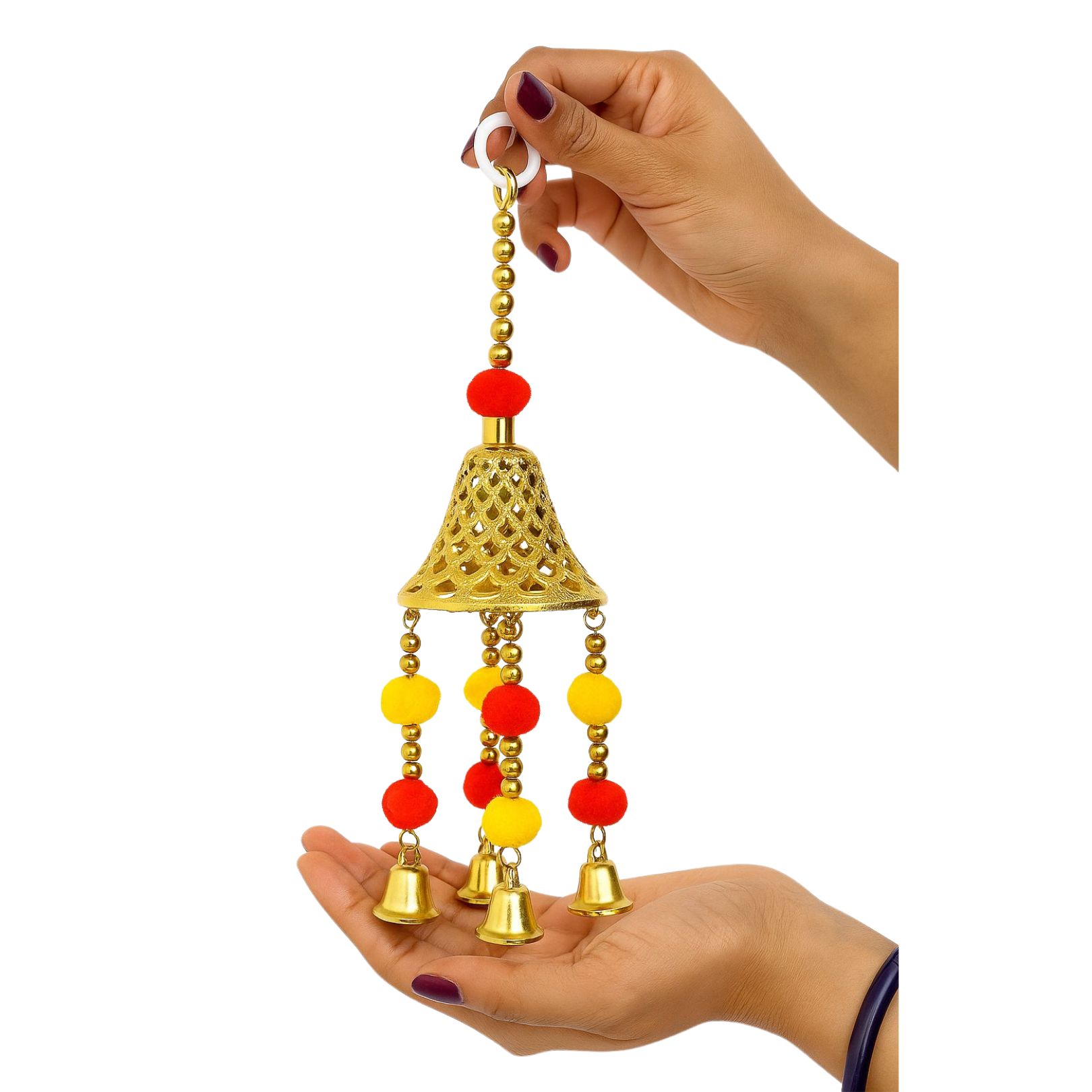 DEHATIBAZAR | Decorative Wind Chime Bell with Gold-Toned Lattice Design, Red and Yellow Pom Poms, Traditional Hanging Bells
