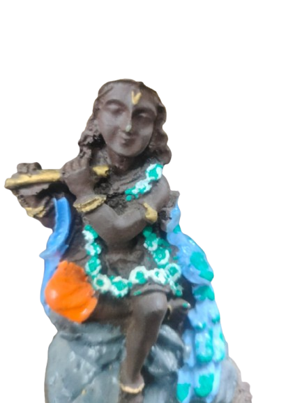 Decorative Krishna Idol with Cobra Hood, Black Resin Figurine, Religious Statue with Blue Accents