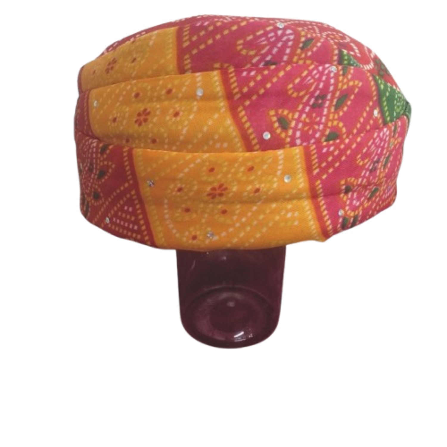 Traditional Indian Pagdi Headwear, Multicoloured Bandhani Print, Red and Green