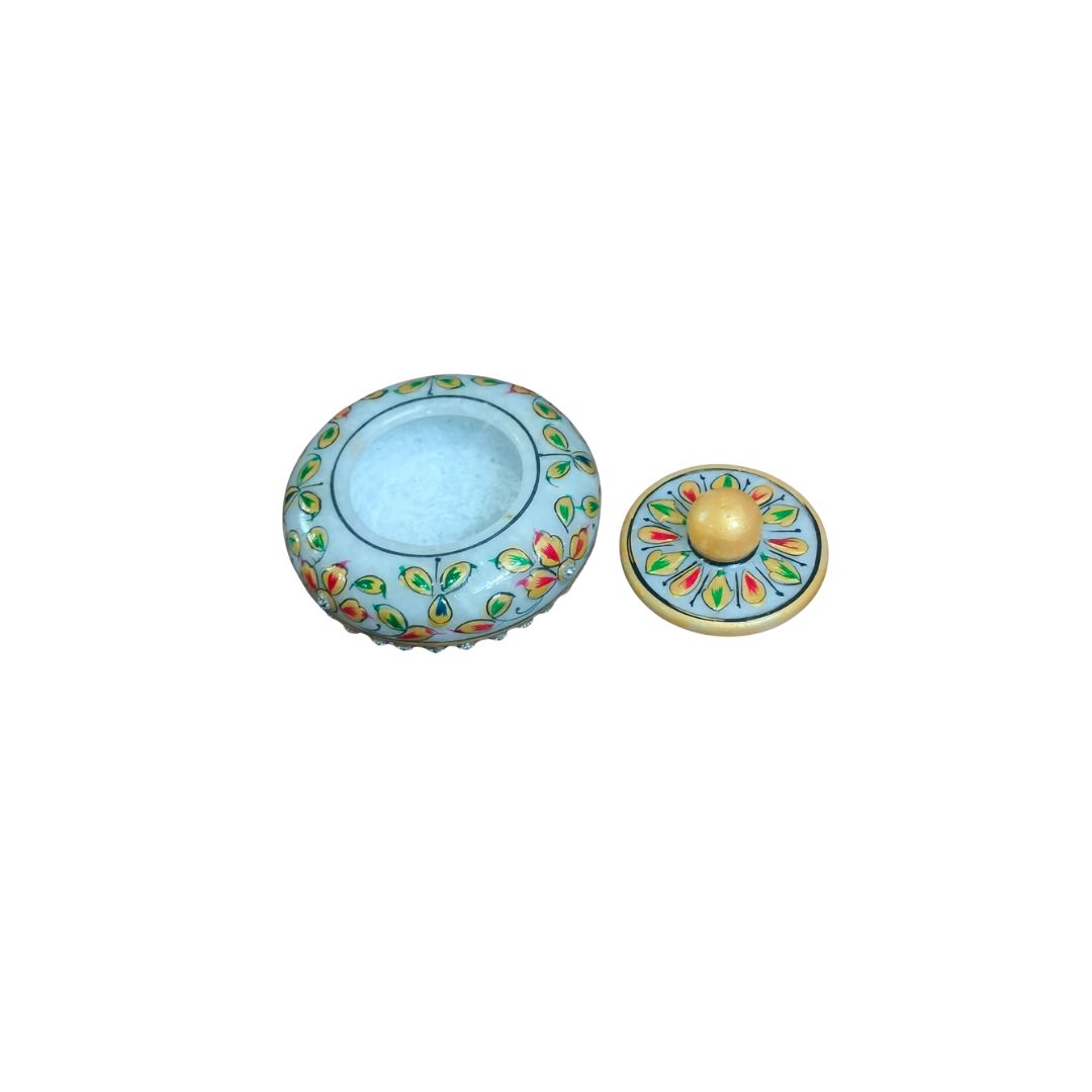 DEHATIBAZAR | Decorative Marble Sindoor Dani with Floral Design | Gold Accents and Crystal Embellishments. 3 inch