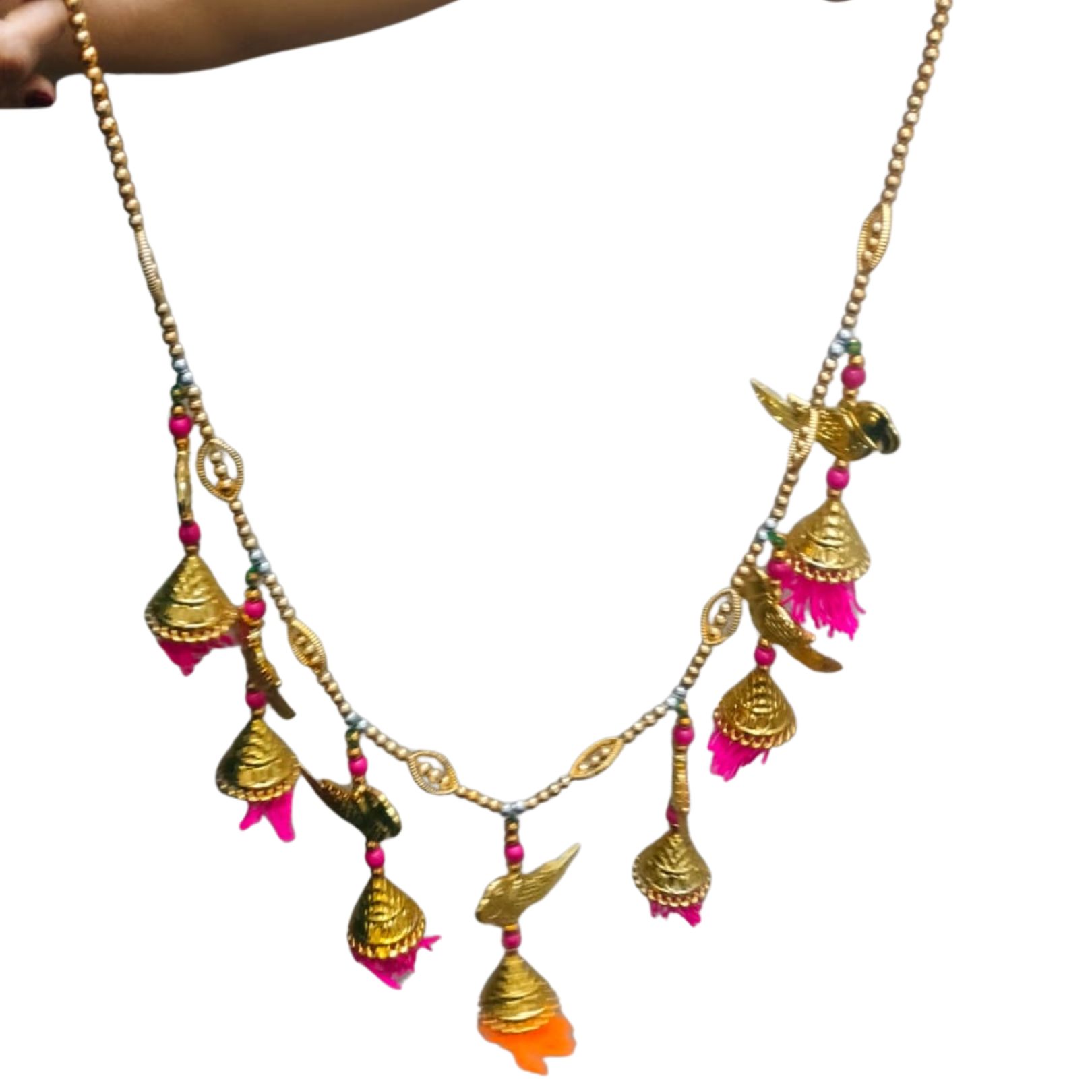 DEHATIBAZAR | Decorative Toran Door Hanging, Gold Bird Design with Pink and Orange Tassels, Traditional Wall Decor