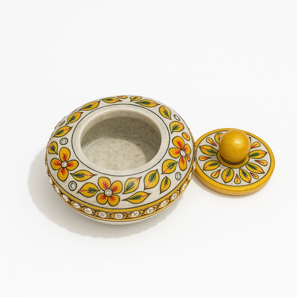 DEHATIBAZAR | Decorative Marble Sindoor Dani with Floral Design | Gold Accents and Crystal Embellishments. 3 inch