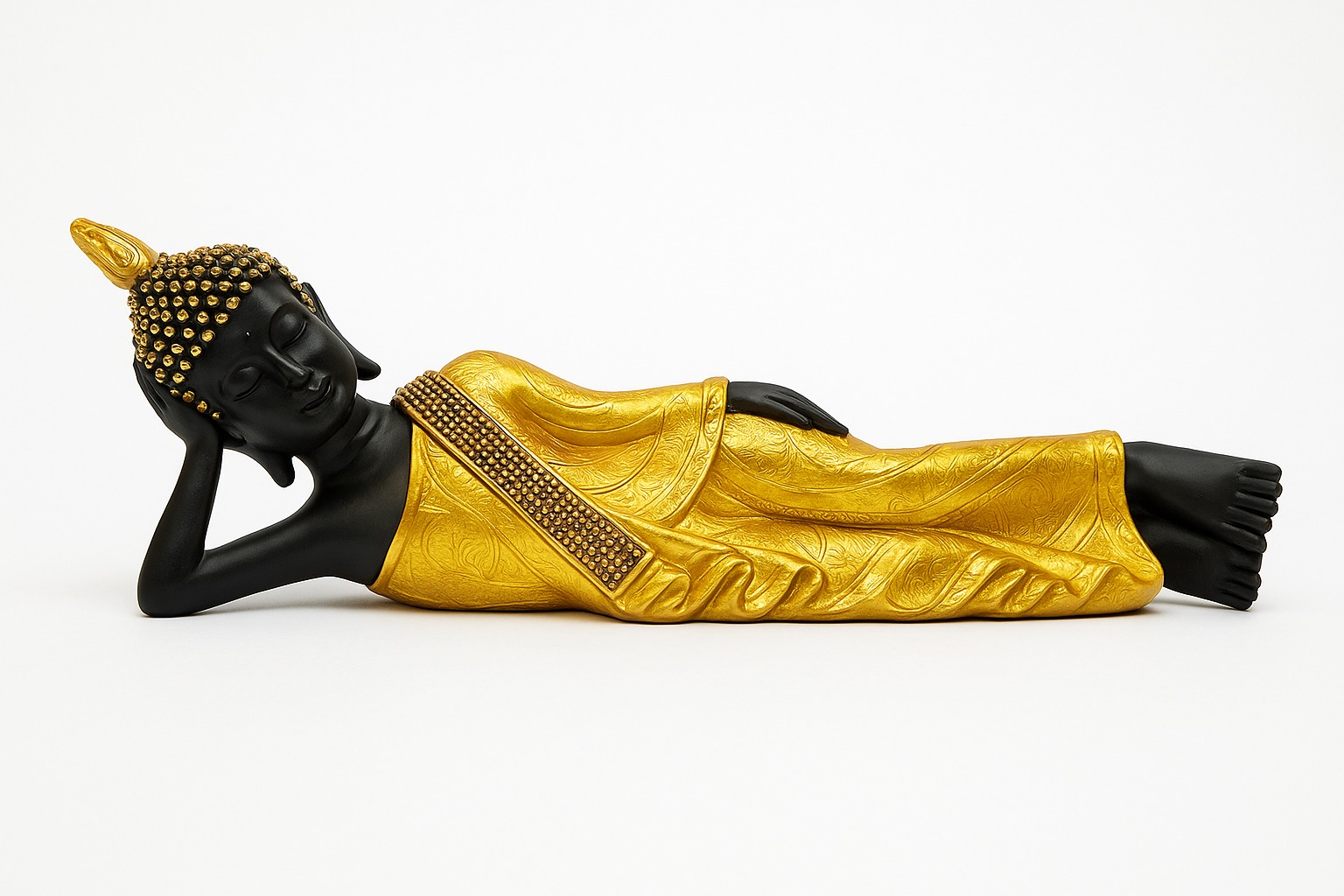 DEHATIBAZAR | Reclining Buddha Statue | Black and Gold | Decorative Figurine with Pearl Embellishments