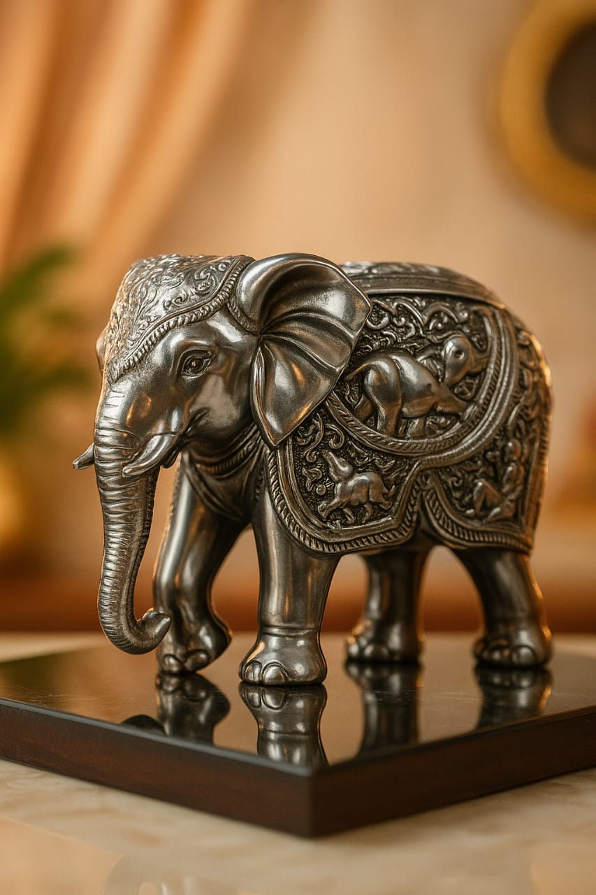 DEHATIBAZAR | Decorative Elephant Figurine 5.5 inch | Black Resin, Traditional Indian Design | Ornate Hand-Carved Style | Home Decor Statue with Intricate Mandala Pattern