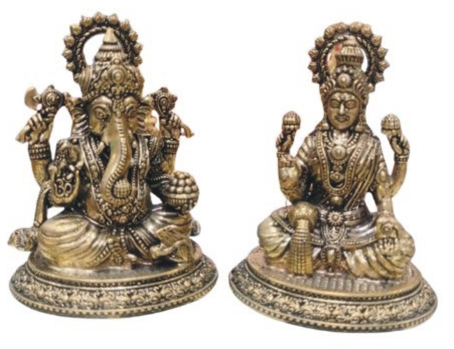 DEHATIBAZAR | Jaipuri Handicraft Brass Laxmi-Ganesh Statue 3.5 inch with Decorative Arch, Traditional Hindu Religious Décor | Chaturbhuj Design | Antique Gold Finish