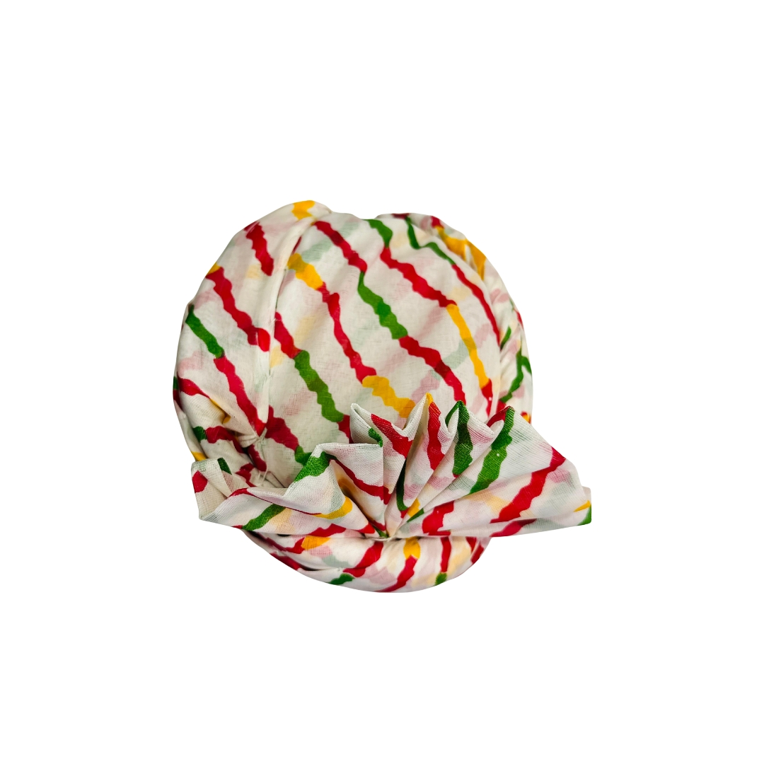 Festive Turban, Traditional Safa Pagdi, White with Red, Green, Yellow Stripes