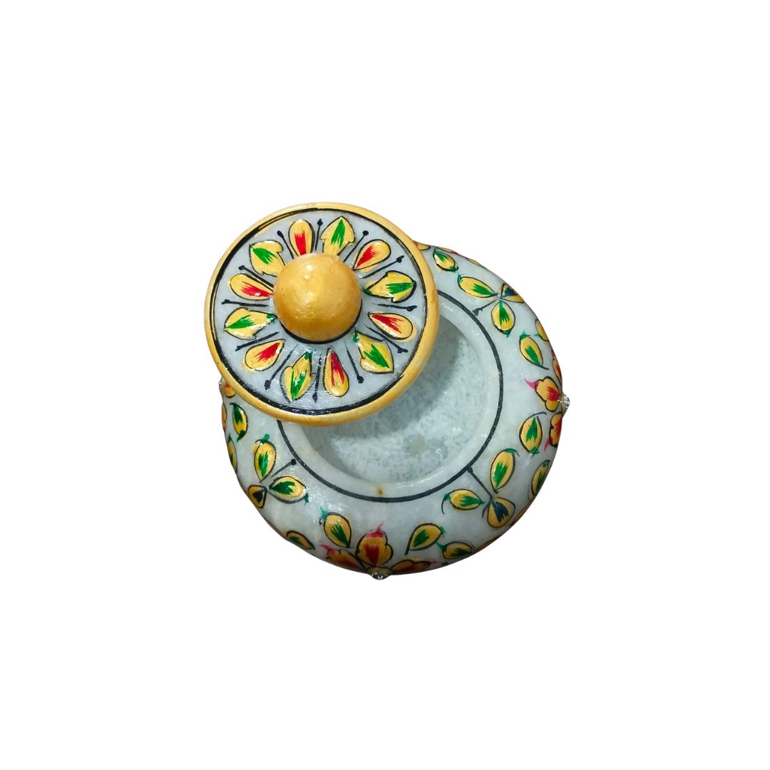 DEHATIBAZAR | Decorative Marble Sindoor Dani with Floral Design | Gold Accents and Crystal Embellishments. 3 inch